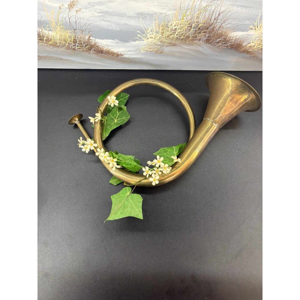 Vintage Brass French Hunting Horn Wall Decor with Faux Ivy and Flowers 12 Inch